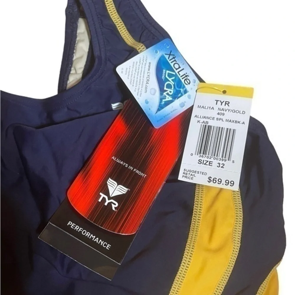 TYR Girl’s  Alliance Splice Maxback Swimsuit - Navy Gold - Size 32 (13/14) NWT